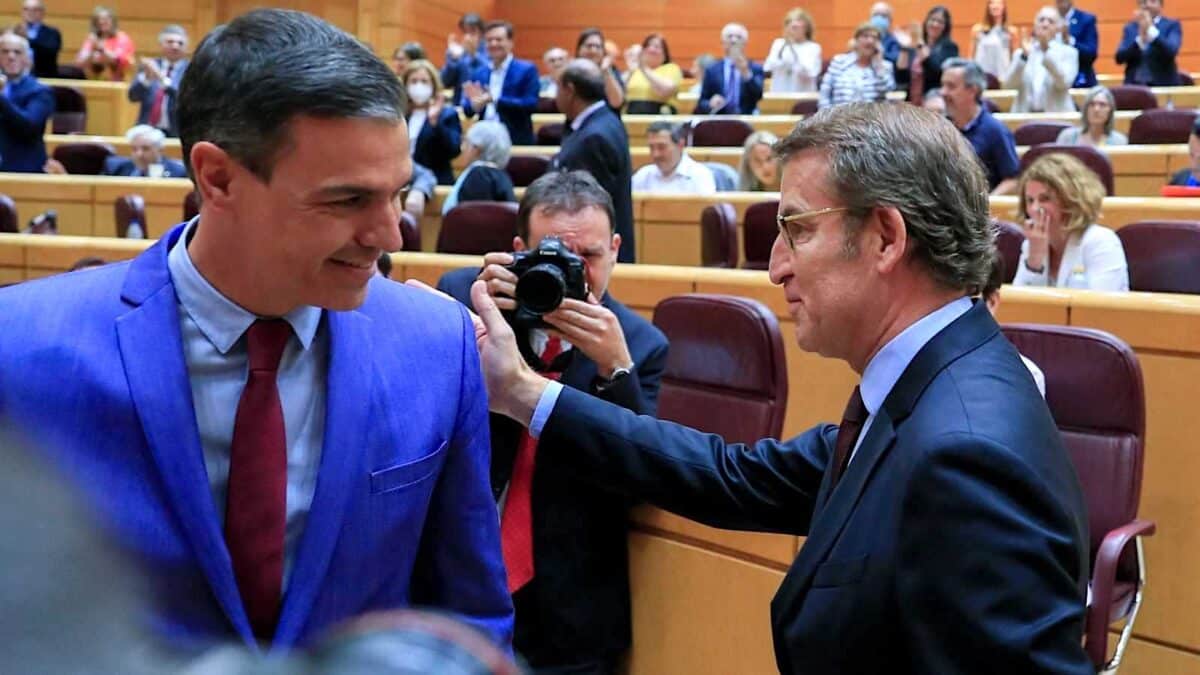El presidente del gobierno Pedro Sánchez, y el líder del PP Alberto Nuñez Feijóo en el Senado.