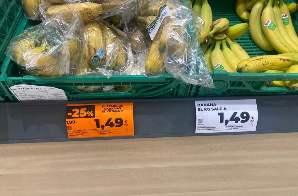 Plátano de Canarias y banana al mismo precio en un supermercado Dia.