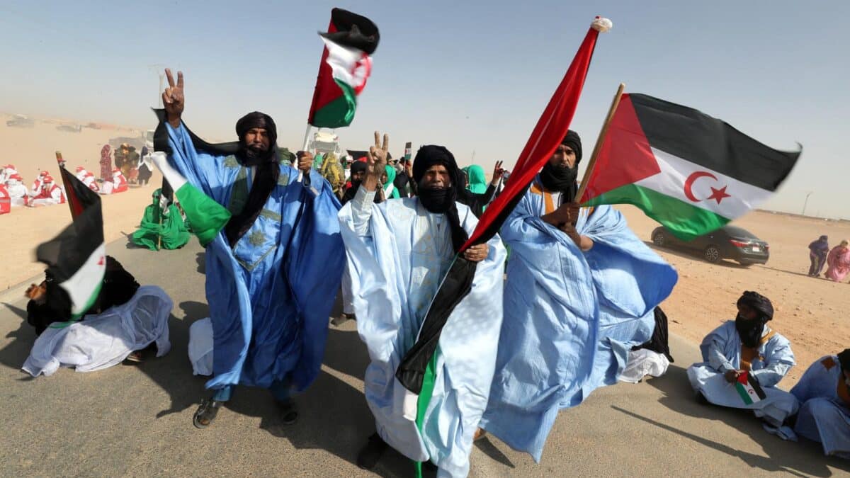 Habitantes de los campamentos de refugiados de Tinduf (Argelia) durante la marcha por los 50 años de la fundación del Frente Polisario.