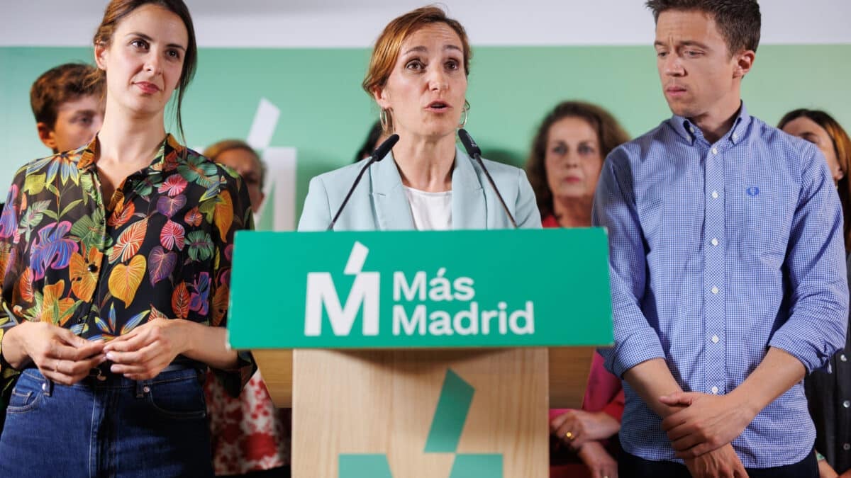 (I-D) La candidata a la Alcaldía de Madrid, Rita Maestre; la candidata a la Presidencia de la Comunidad de Madrid, Mónica García, y el líder de Más País, Iñigo Errejón