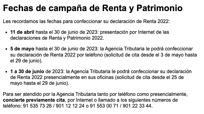 Fechas de campaña de Renta y Patrimonio publicadas por la Agencia Tributaria