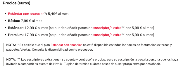 Precio de las diferentes suscripciones de la plataforma digital Netflix