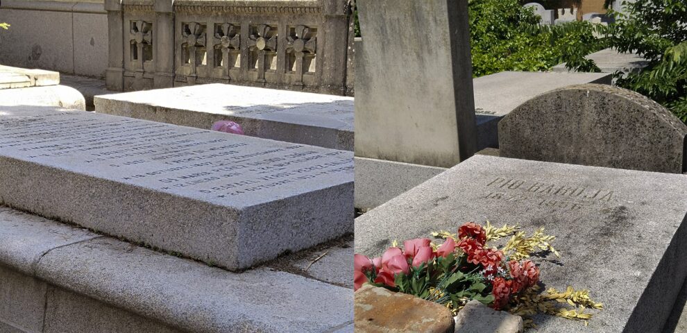 Lápidas de los escritores Benito Pérez Galdós y de Pío Baroja. Esta última con flores. 