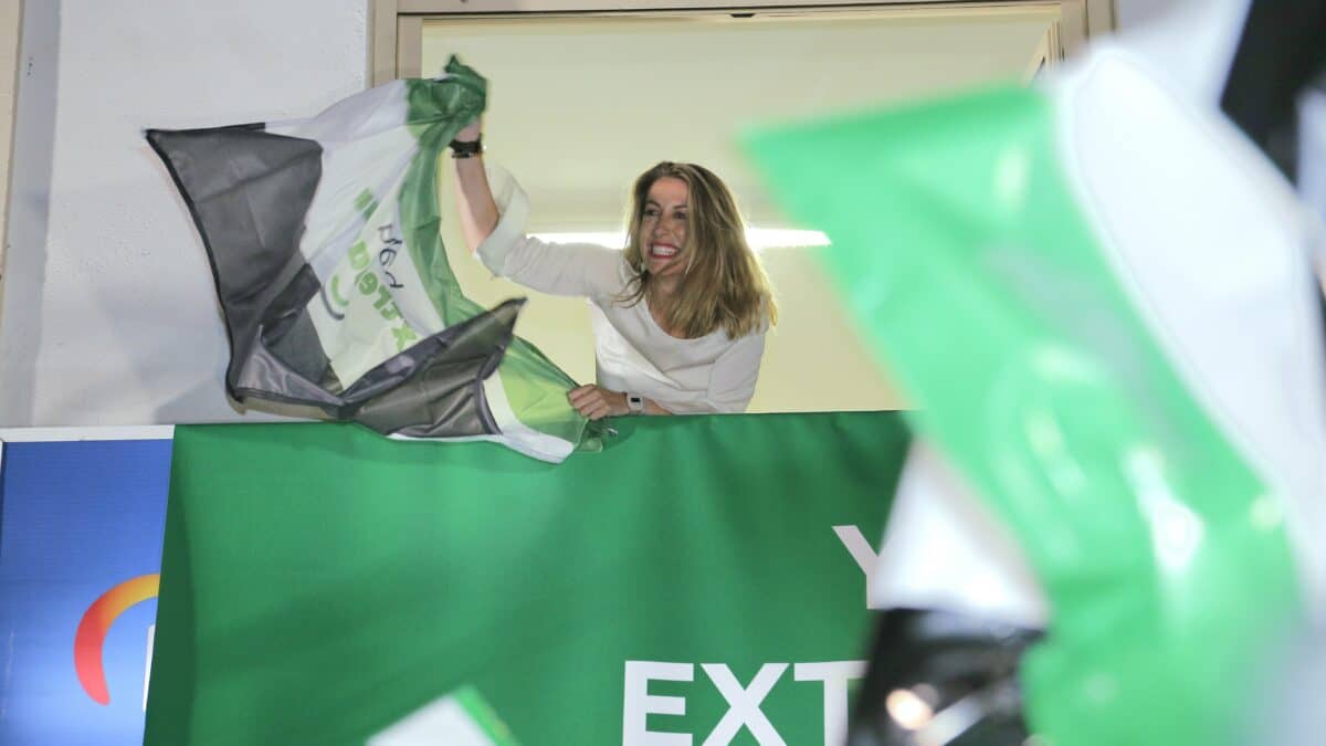 María Guardiola (PP), en la noche electoral del 28-M en Mérida.