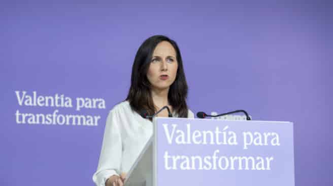 La líder de Podemos y ministra de Derechos Sociales, Ione Belarra, interviene durante una rueda de prensa en la sede de Podemos La líder de Podemos y ministra de Derechos Sociales, Ione Belarra, interviene durante una rueda de prensa en la sede de Podemos