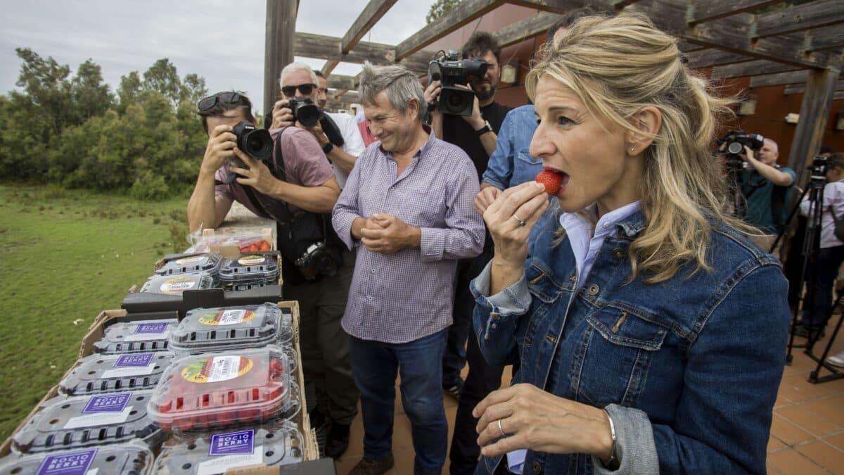 Yolanda Díaz se come una fresa en Doñana.