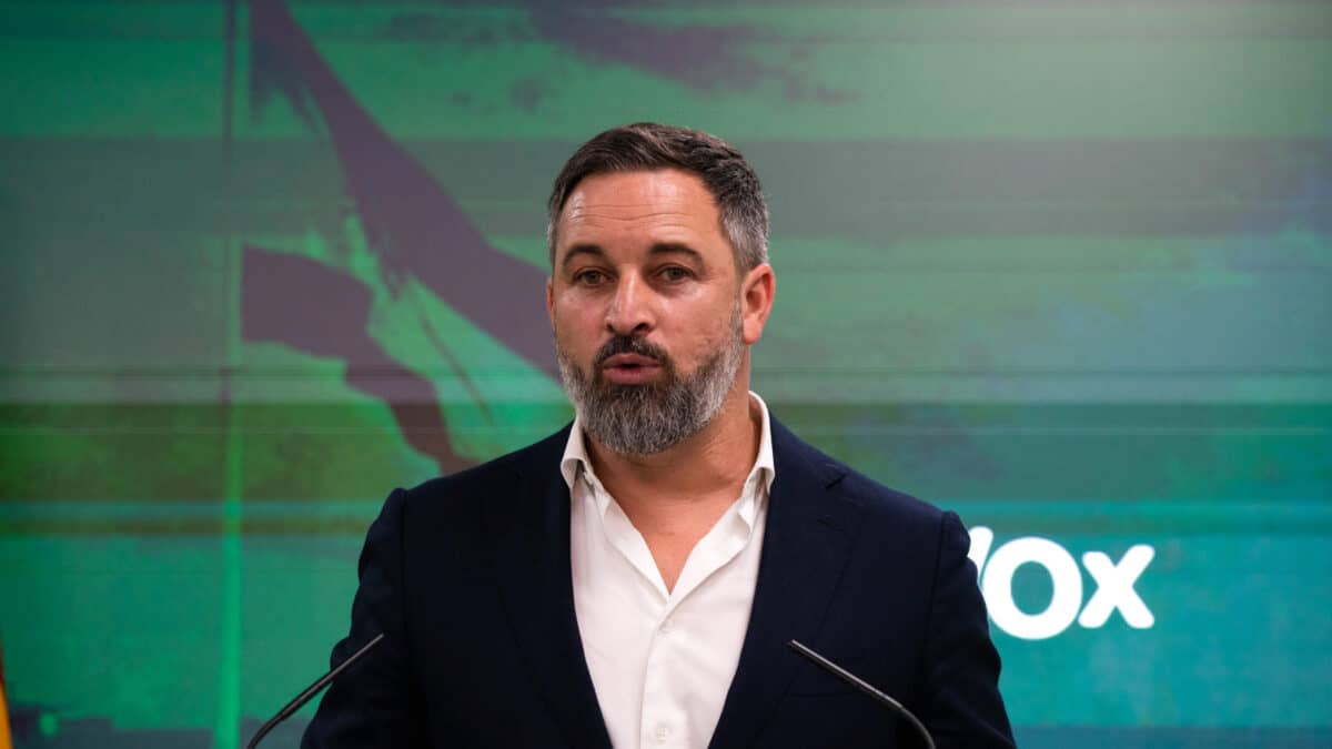 El líder de VOX, Santiago Abascal, durante una rueda de prensa en la sede de su partido, a 5 de junio de 2023