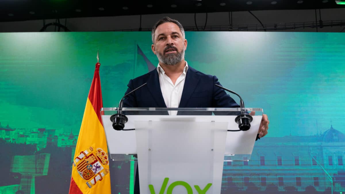 El líder de VOX, Santiago Abascal, durante una rueda de prensa en la sede de su partido, a 5 de junio de 2023, en Madrid (España).