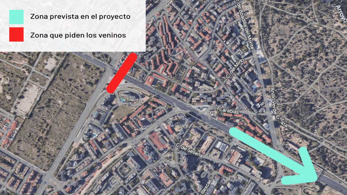 Mapa de soterramiento de la A-5 que los vecinos de la zona piden ampliar para beneficiar a más viviendas