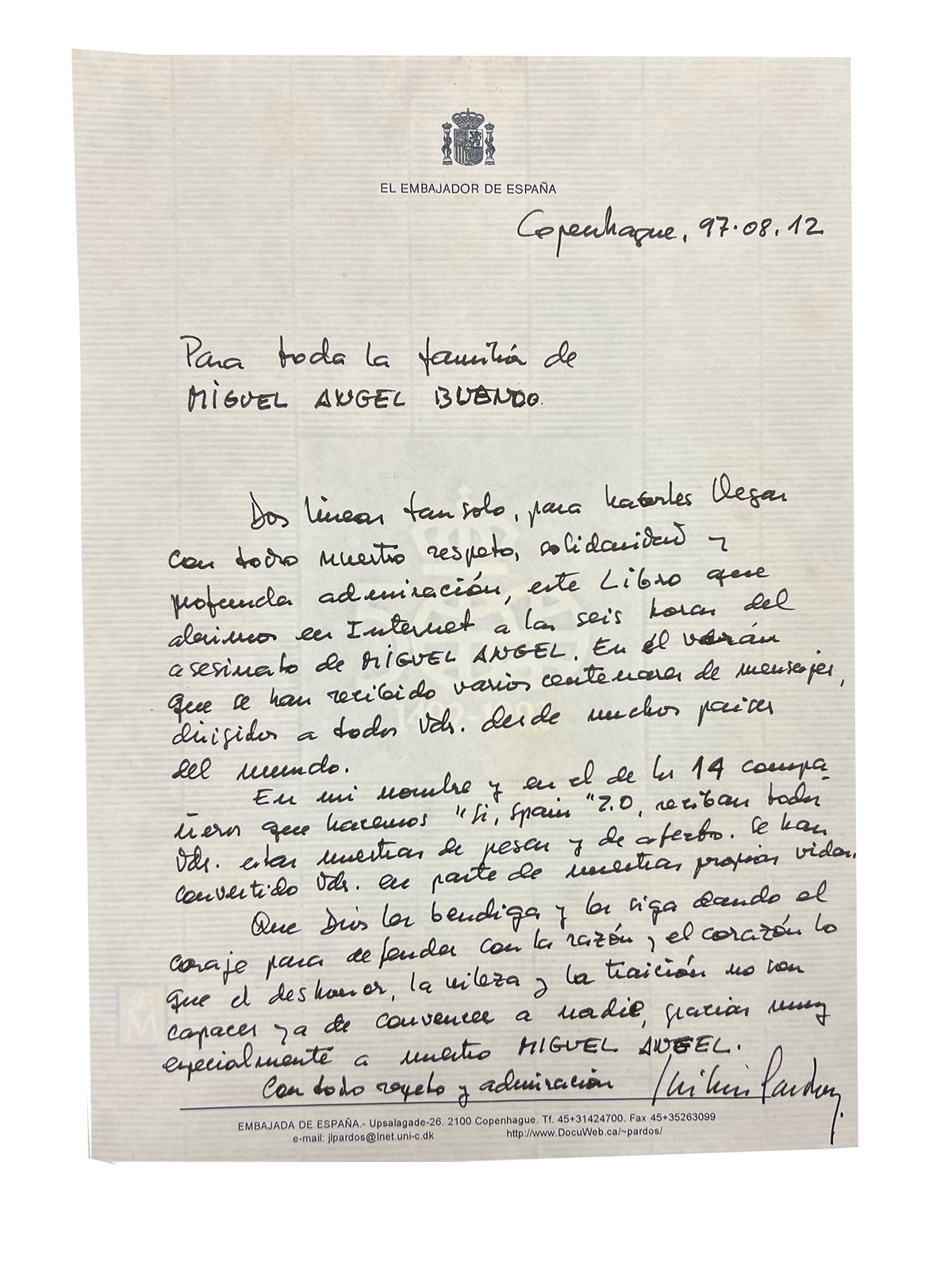 Carta del embajador de España en Copenhague remitida a la familia Blanco Garrido.