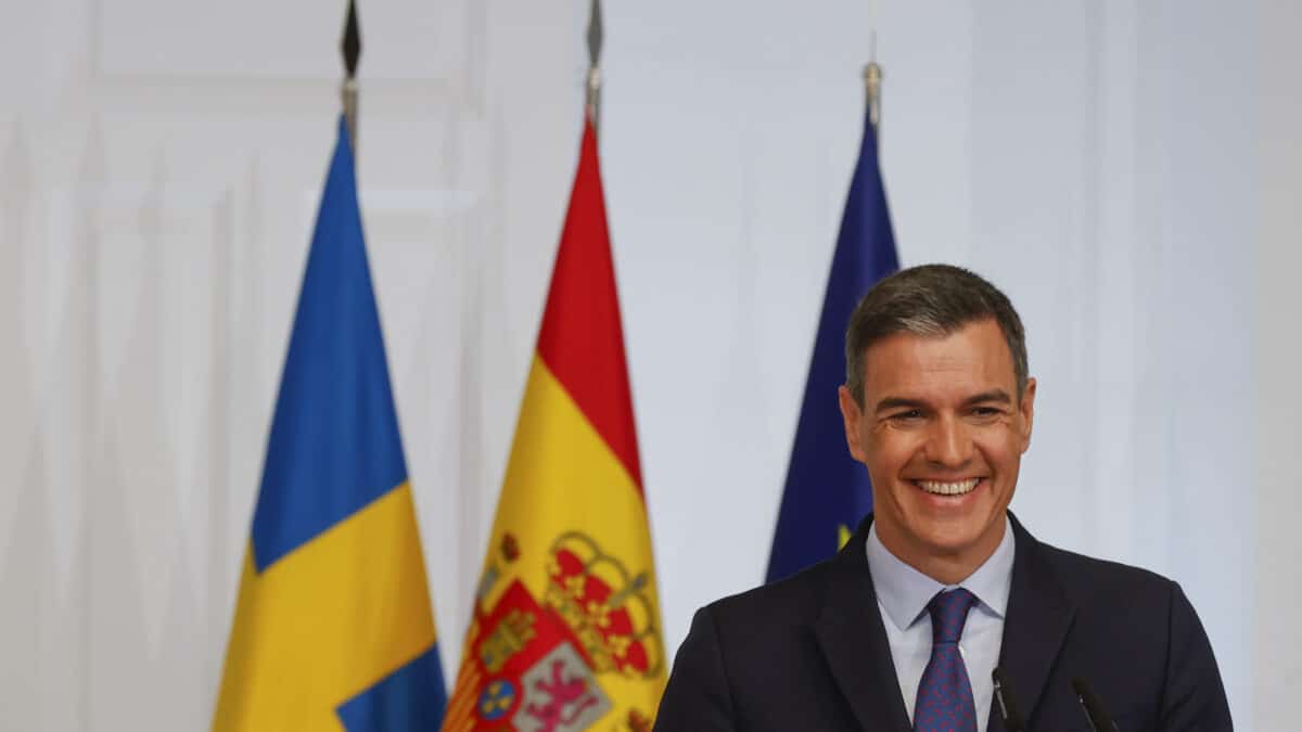 El presidente del Gobierno, Pedro Sánchez, durante la rueda de prensa conjunta celebrada con el primer ministro de Suecia, Ulf Kristersson