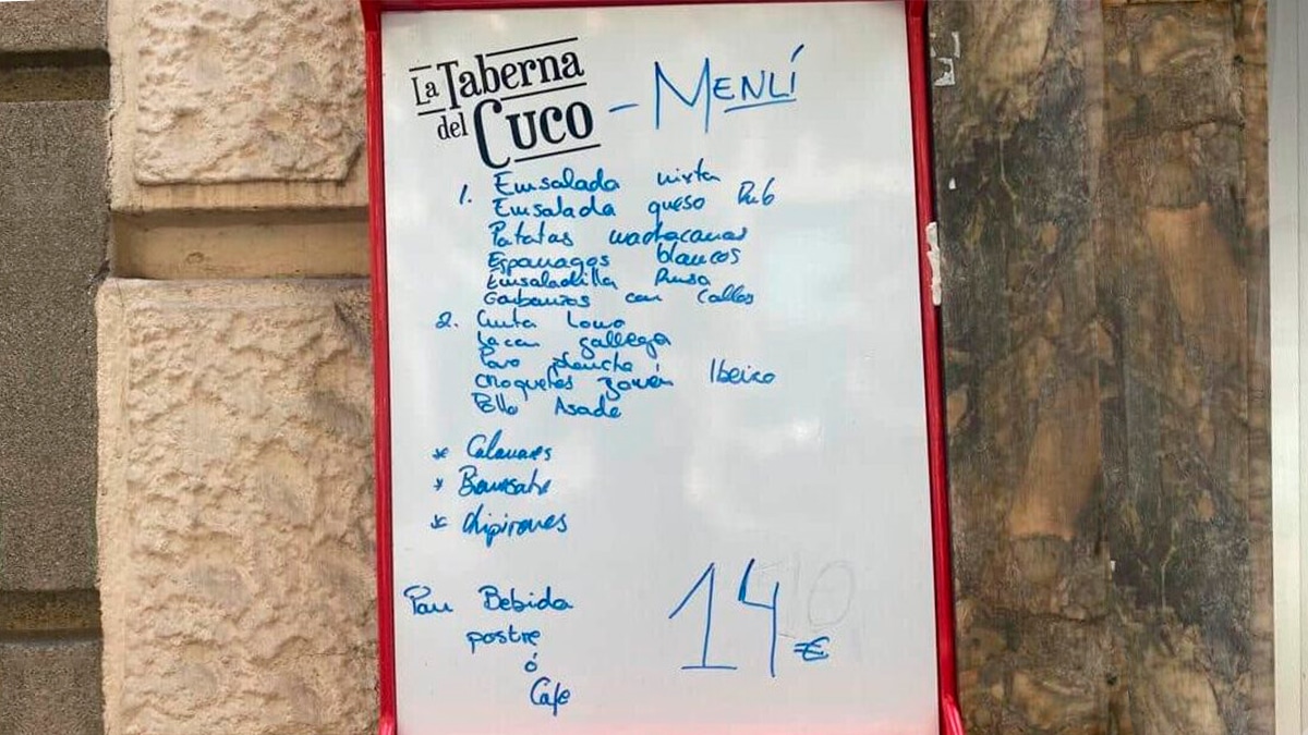 Pizarra de un menú del día a 14 euros en Madrid.