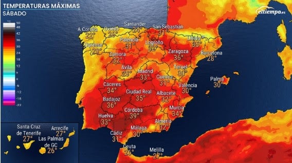 Mapa de temperaturas máximas que indica el calor extremo del tiempo en el fin de semana en España