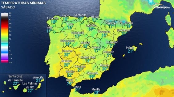 Mapa de temperaturas mínimas que indica el calor extremo del tiempo en el fin de semana en España