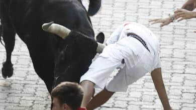 Un toro de Victoriano del Río cornea a un corredor en la bajada al callejón