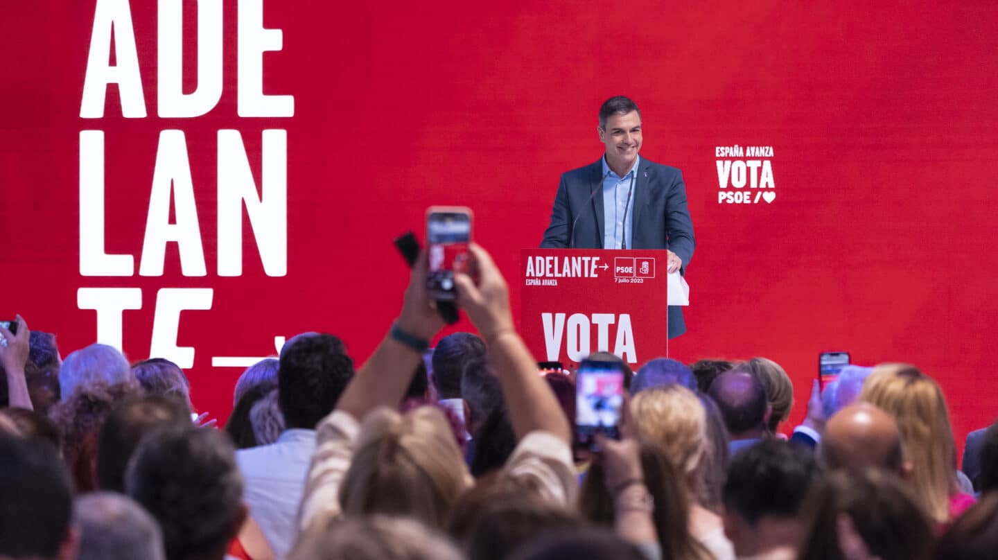 El secretario general del PSOE y presidente del Gobierno, Pedro Sánchez, durante la presentación del programa electoral del PSOE para las elecciones generales, este 7 de julio de 2023 en el Pabellón de Convenciones de la Casa de Campo de Madrid.