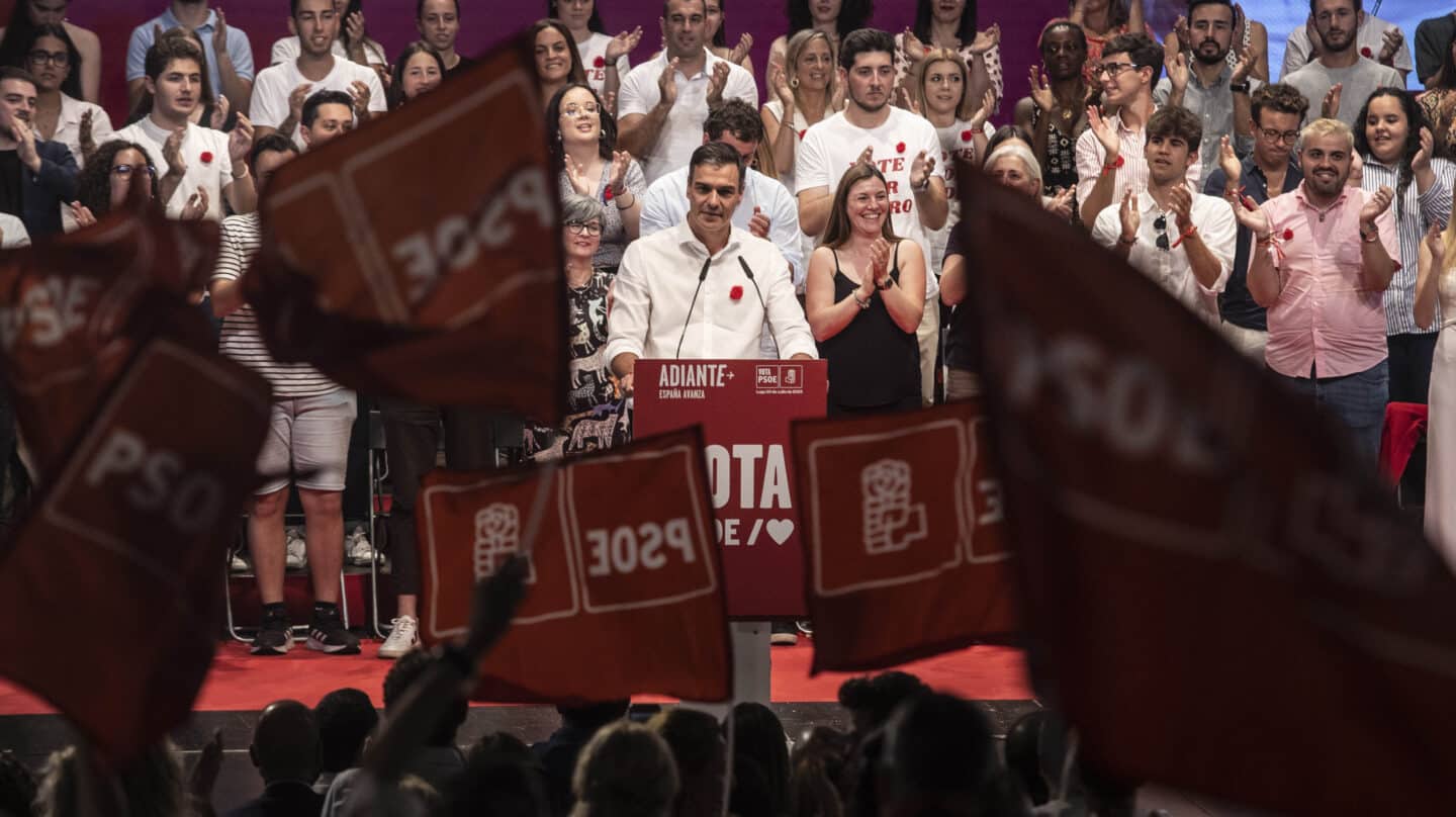 El secretario general del PSOE y presidente del Gobierno, Pedro Sánchez, durante su mitin en Lugo, este 20 de julio de 2023.