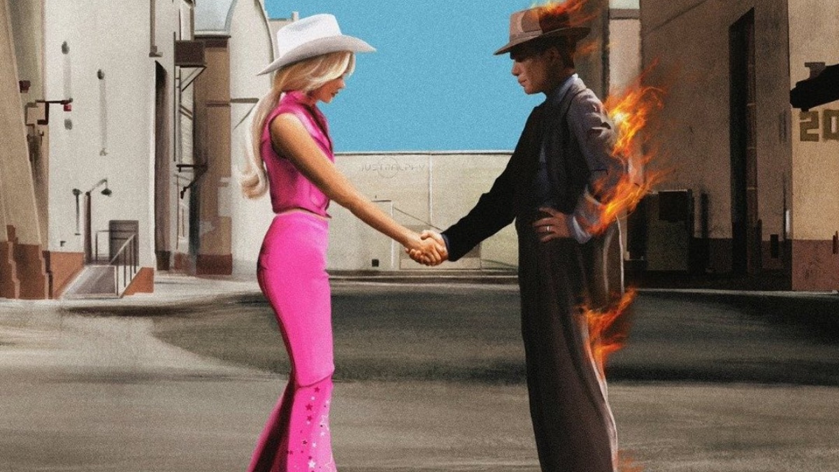 Uno de los múltiples carteles de Barbenheimer que se han compartido en redes sociales, parodiando la carátula del álbum de Pink Floyd, 'Wish You Were Here' (1975)