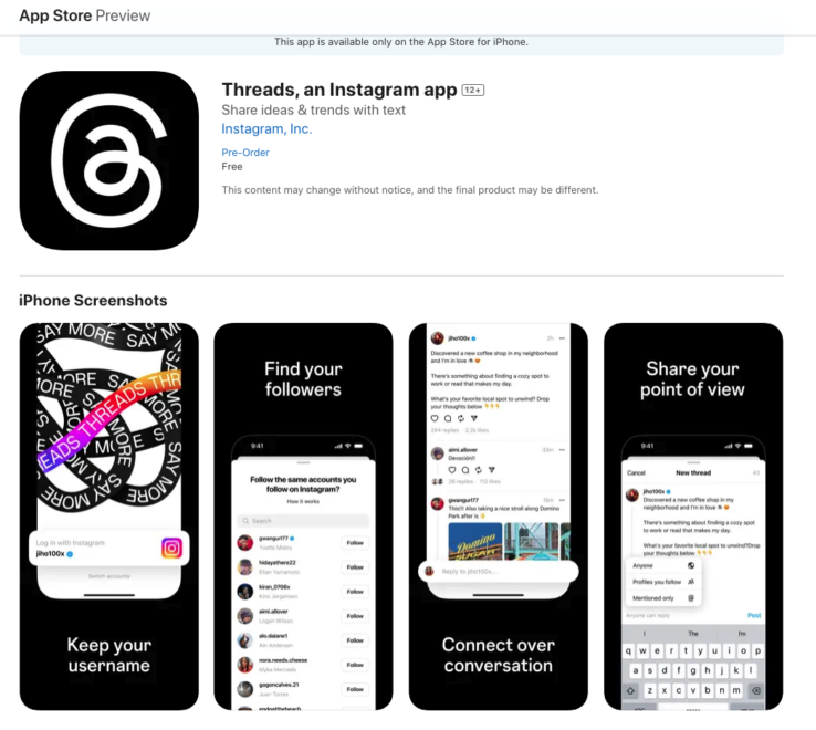La captura de la nueva aplicación Threads de Meta en Apple Store, que se lanzará 6 de julio de 2023 como alternativa a Twitter