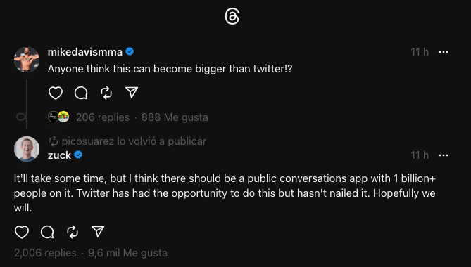 La respuesta de Mark Zuckerberg en la aplicación Threads, la nueva red social de Meta, que se posiciona como alternativa a Twitter