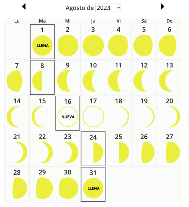 Calendario lunar de agosto de 2023 que indica cuándo es la luna llena