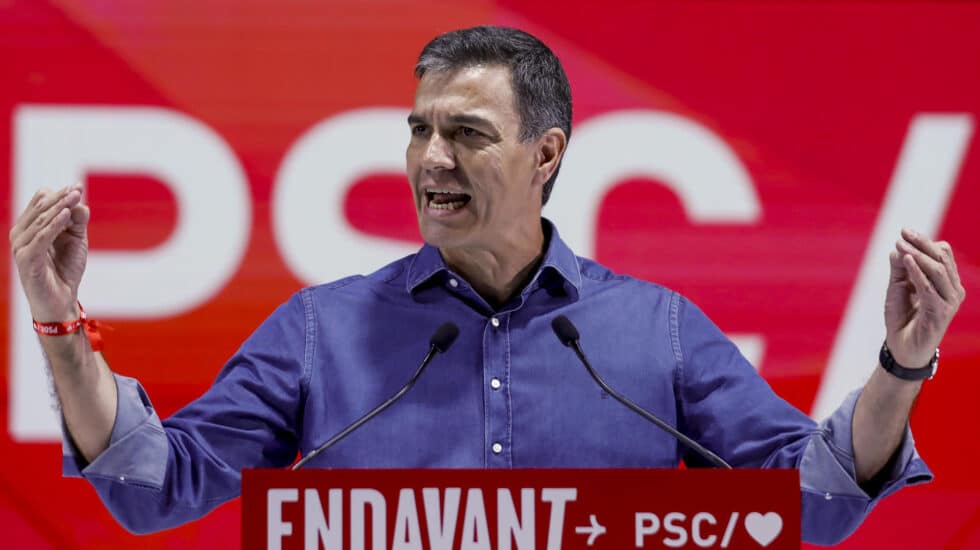 El presidente del Gobierno Pedro Sanchez durante el acto central de campaña del PSC celebrado en el Palau de Congressos de Barcelona