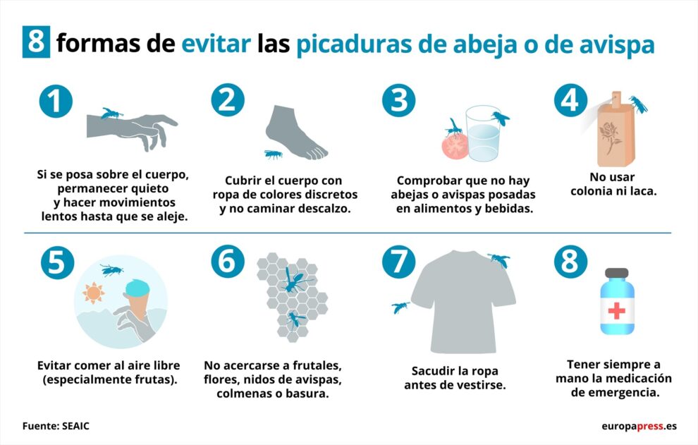 Consejos de la Sociedad Española de Alergología e Inmunología Clínica (SEAIC) para evitar las picaduras de abeja o avispa.