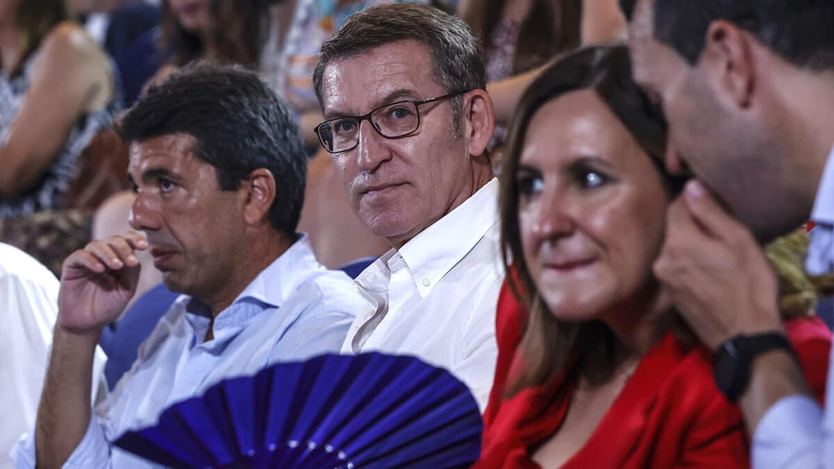 El presidente del PP y candidato a la presidencia Alberto Núñez Feijóo (c), durante un mitin central del Partido Popular