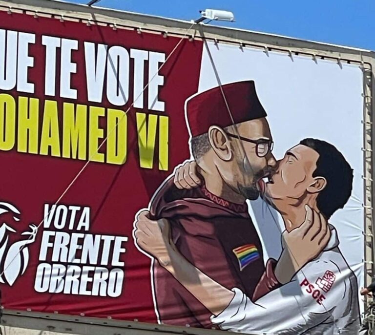 "Que te vote Mohamed VI" y el beso de Sánchez con el rey de Marruecos: la polémica lona de Frente Obrero