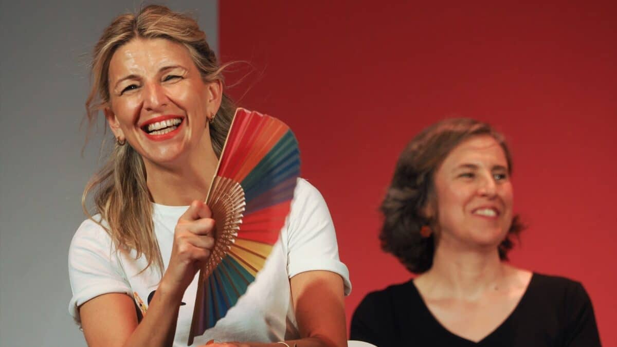La candidata de Sumar, Yolanda Díaz, durante un acto de la coalición este miércoles en el Teatro Cervantes de Valladolid.