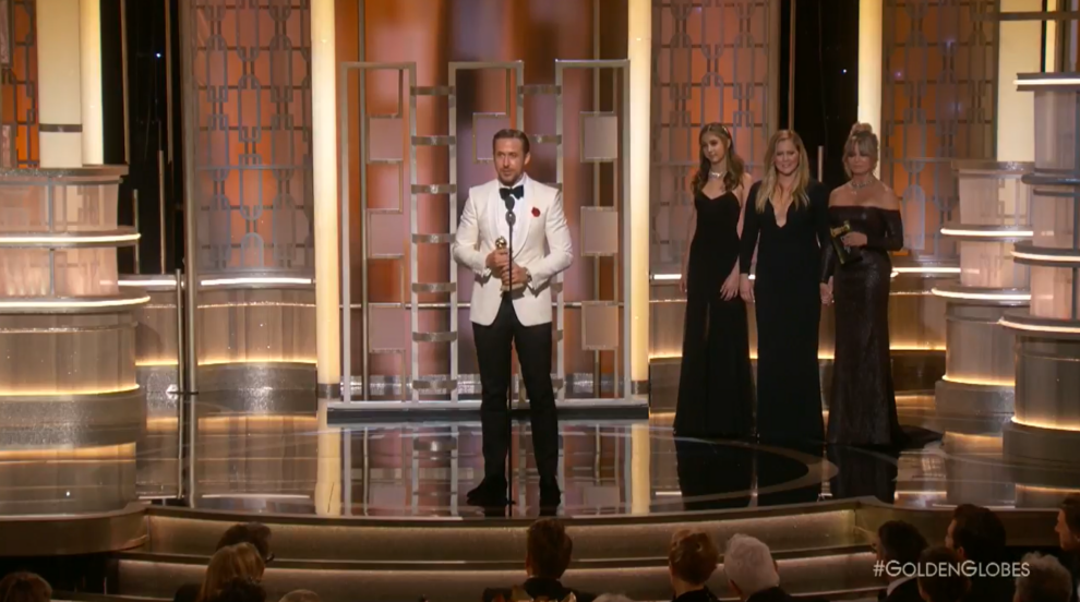 Ryan Gosling durante su discurso al ganar el Globo de Oro en 2017