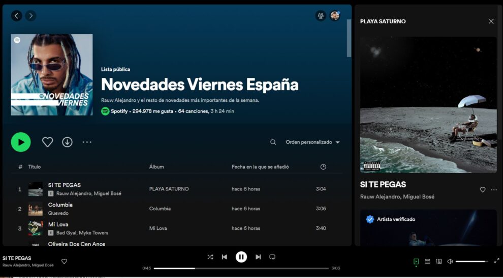 Canción de Rauw Alejandro con Miguel Bosé en la lista Novedades Viernes España en Spotify