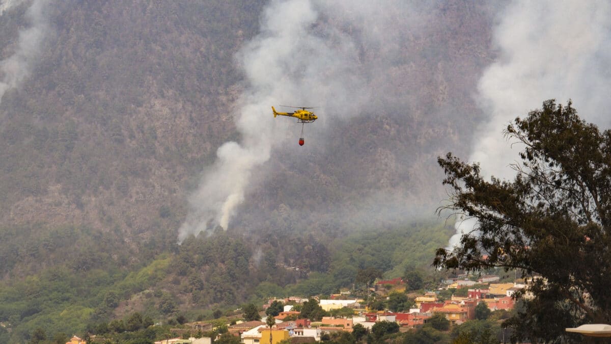 El humo provocado por el incendio forestal que afecta a la isla de Tenerife es visto este sábado sobre el valle de La Orotava, lo que ha provocado una alerta por la mala calidad del aire.