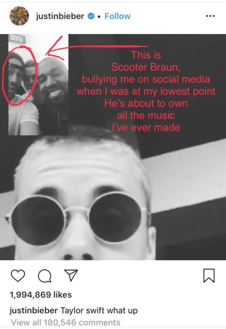 Justin Bieber, Scooter Braun y Kanye West en una publicación del artista canadiense en 2018