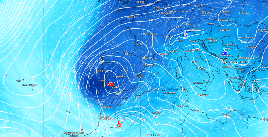 Disposición del aire frío a unos 5500 metros de altitud y de los centros de presión.