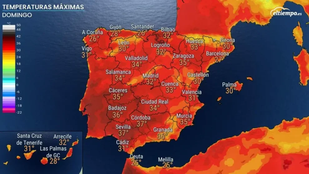 Temperaturas máximas previstas para este domingo con la llegada del "veroño” con máximas de hasta 37ºC