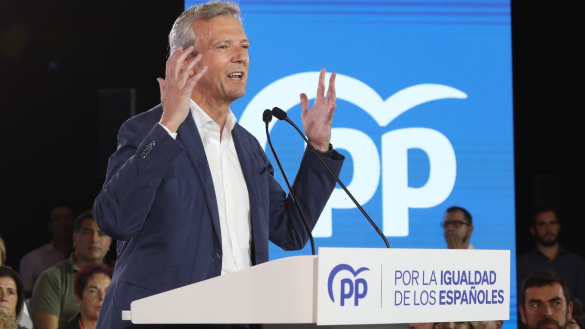 El presidente del PP de Galicia, Alfonso Rueda esta mañana en el acto