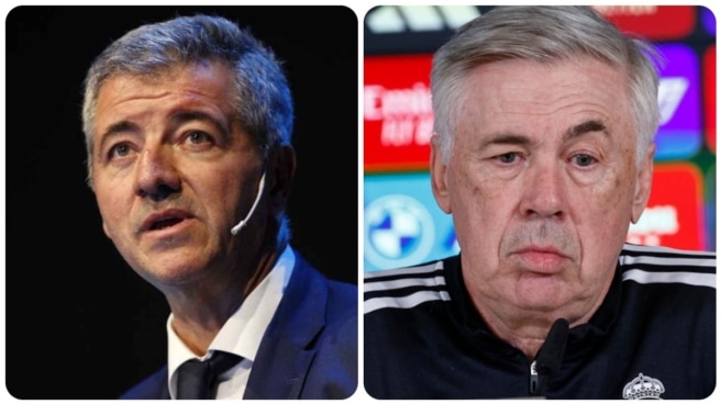 Miguel Ángel Gil Marín, consejero delegado del Atlético, y Carlo Ancelotti, entrenador del Real Madrid Gil Marín y Ancelotti