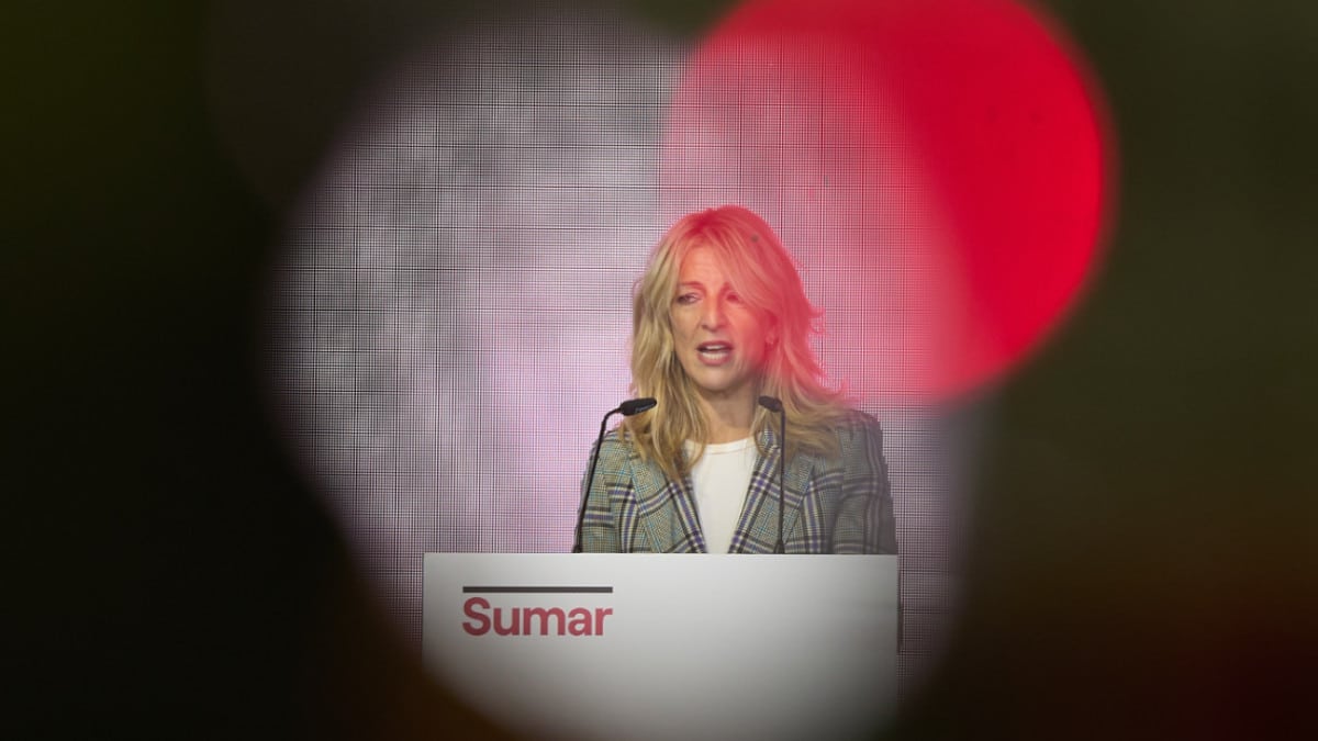 Yolanda Díaz interviene en el acto de Sumar celebrado este sábado en Madrid.