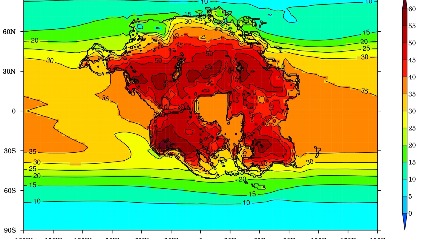 Temperatura promedio del mes más cálido (en grados Celsius) para la Tierra y el supercontinente proyectado (Pangea Ultima) en 250 millones de años, cuando sería difícil para casi cualquier mamífero sobrevivir.