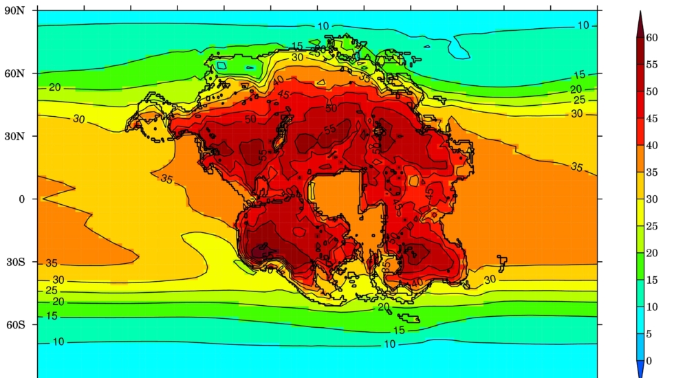 Temperatura promedio del mes más cálido (en grados Celsius) para la Tierra y el supercontinente proyectado (Pangea Ultima) en 250 millones de años, cuando sería difícil para casi cualquier mamífero sobrevivir.