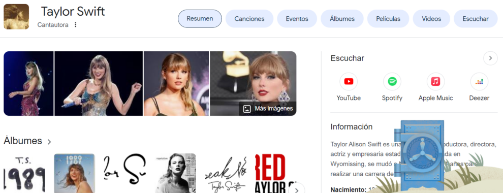 En la parte inferior derecha se aprecia el 'doodle' que ha preparado Google en conjunción con Taylor Swift