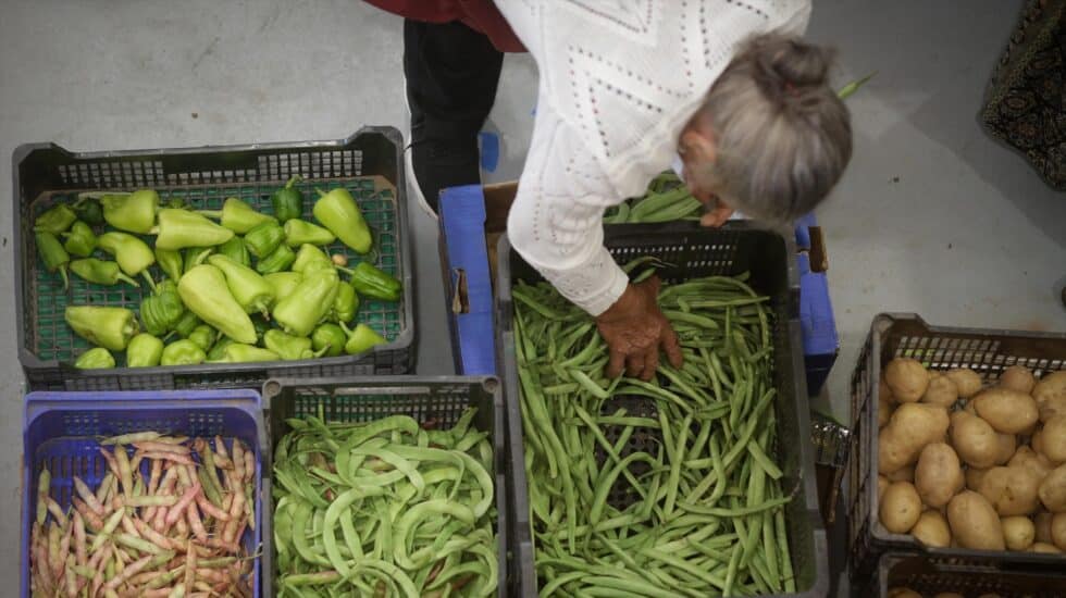 Una persona compra alimentos en un mercado de Lugo, Galicia.