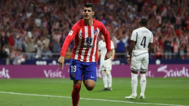 Álvaro Morata celebra su gol para el Atlético frente al Real Madrid Álvaro Morata