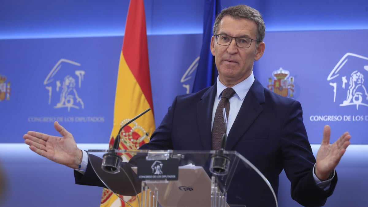 El líder del PP, Alberto Núñez Feijóo, durante la rueda de prensa ofrecida tras la reunión mantenida con el rey Felipe VI, en el marco de la ronda de contactos