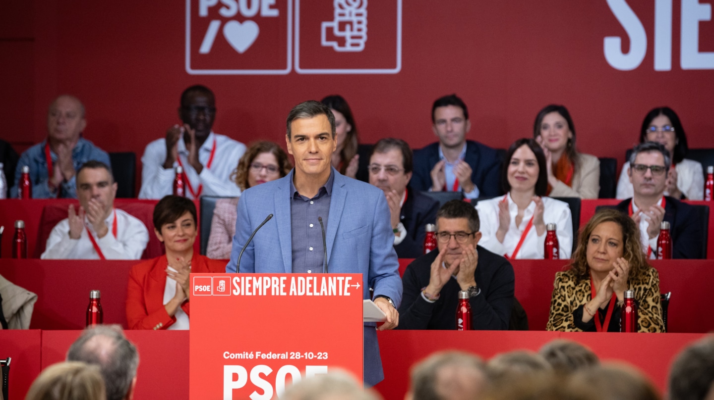 El secretario general del PSOE y presidente del Gobierno en funciones, Pedro Sánchez, durante su intervención ante el comité federal del partido, este 28 de octubre de 2023.