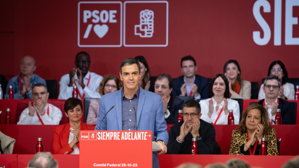 El secretario general del PSOE y presidente del Gobierno en funciones, Pedro Sánchez, durante su intervención ante el comité federal del partido, este 28 de octubre de 2023.