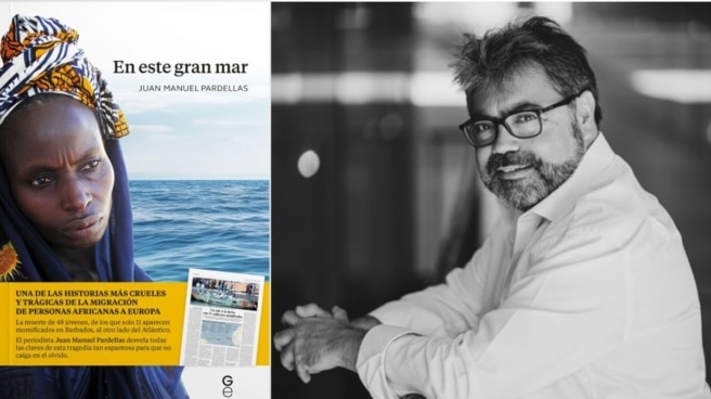 Portada de 'En este gran mar' y el autor, Juan Manuel Pardellas