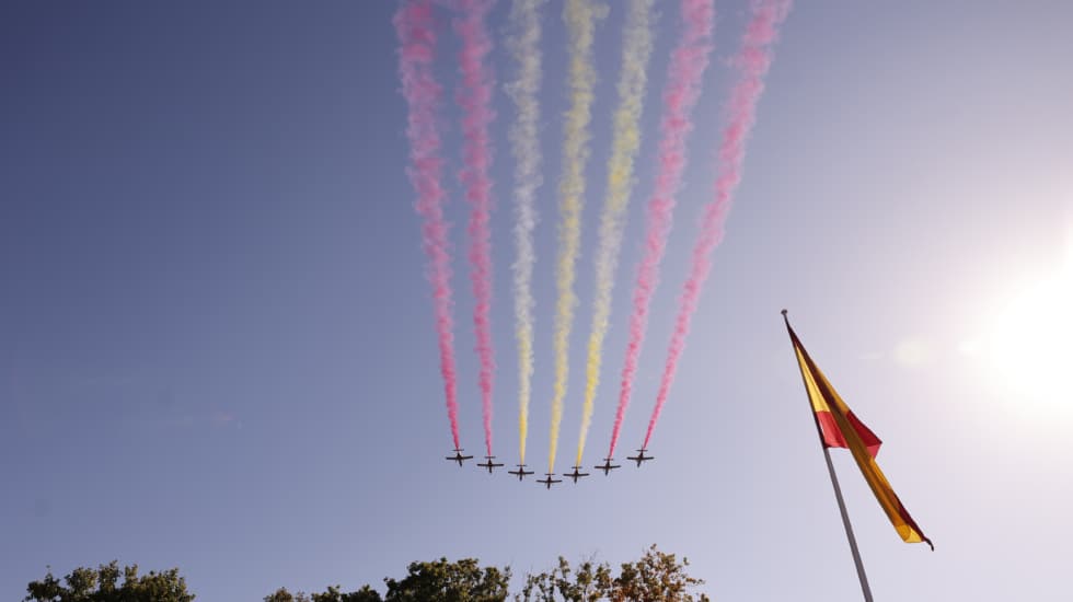 Vista del desfile de la Fuerza Aérea Española durante el desfile del Día de la Fiesta Nacional en Madrid Vista del desfile de la Fuerza Aérea Española durante el desfile del Día de la Fiesta Nacional en Madrid