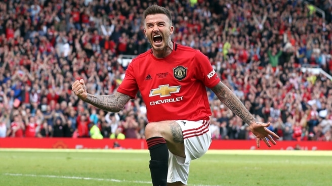 David Beckham en un partido con el Manchester United David Beckham